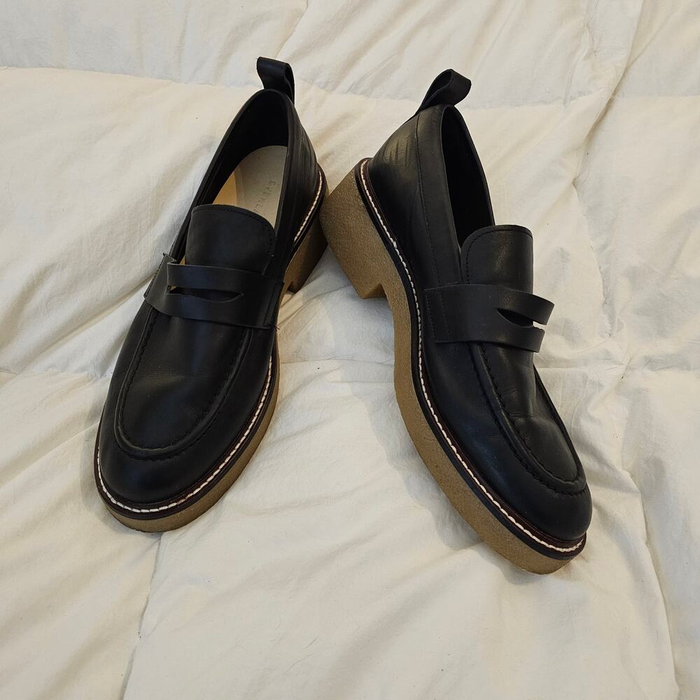 Everlane Black Leather Platform Loafers Crepe Sole Penny Loafers Women Size 11 - Picture 1 of 6